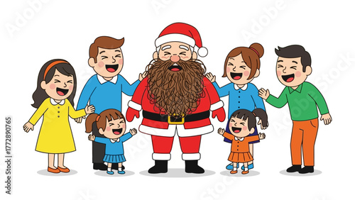 Joyous Christmas Gathering: Santa Claus stands surrounded by a family, all sharing laughter and warmth. A scene that embodies the spirit of the holidays, joy, and familial bonds. 