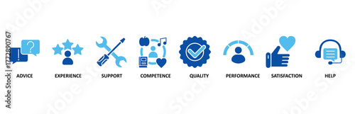 Service icon set In Blue Style, Vector Illustration for customer and technical support with icon of advice, experience, support, competence, quality, performance, satisfaction, help, and call center