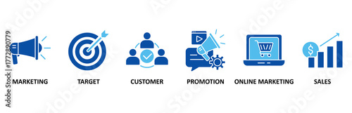 Advertising icon set In Blue Style, Vector Illustration for marketing, target, customer, promotion, online marketing, and sales