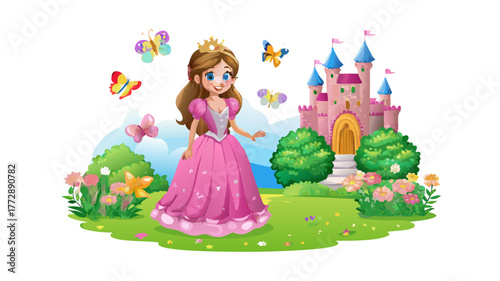 A lovely 3D cartoon girl princess wearing sparkling pink gown and crown, standing in a magical castle garden with butterflies and flowers