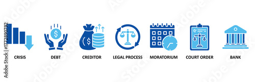 Bankruptcy icon set In Blue Style, Vector Illustration for crisis, debt, creditor, legal process, moratorium, court order, and bank