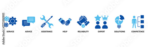 Support icon set In Blue Style, Vector Illustration for service, advice, assistance, help, reliability, expert, solutions and competence