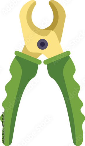 Green pet nail clipper for grooming with yellow blades sitting on white background