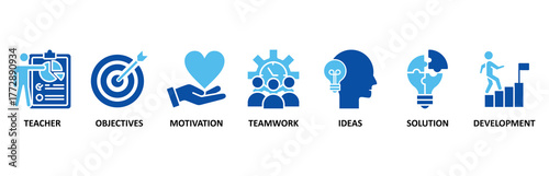 Workshop icon set In Blue Style, Vector Illustration for teacher, objectives, motivation, teamwork, ideas, solution, and development