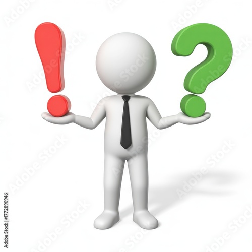 3d white stick figure man holding exclamation mark and question mark symbolizing choice