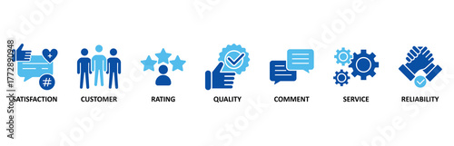 Feedback icon set In Blue Style, Vector Illustration for satisfaction, customer, rating, quality, comment, service and reliability