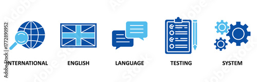IELTS icon set In Blue Style, Vector Illustration for International English Language Testing System with an icon of globe, England flag, communication, evaluation, and gears