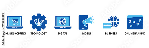 E-Payment icon set In Blue Style, Vector Illustration for internet banking with icon of online shopping, technology, digital, mobile, business and online banking