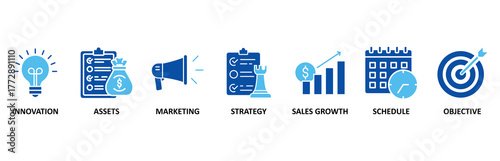 Business plan icon set In Blue Style, Vector Illustration for innovation, assets, marketing, strategy, sales growth, schedule, and objective