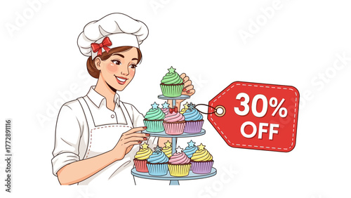 Baker's Sweet Delight: A cheerful baker with a bow adjusts a tiered stand of colorful cupcakes, a promotional offer tag enhancing the delightful scene.