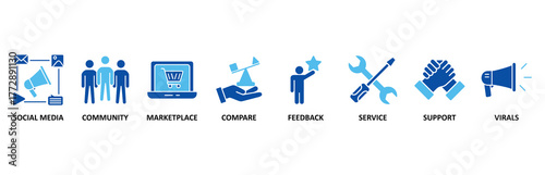 Social commerce icon set In Blue Style, Vector Illustration for social media, community, marketplace, compare, feedback, service, support and virals