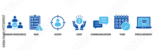 Project management icon set In Blue Style, Vector Illustration for human resources, risk, scope, cost, communication, time and procurement