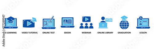 Online education icon set In Blue Style, Vector Illustration for e-learning, video tutorial, online test, ebook, webinar, online library, graduation, lesson
