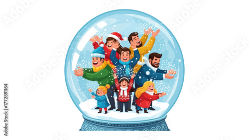 Festive Family in Snow Globe: A joyful family gathers inside a whimsical snow globe, celebrating a cheerful winter holiday amidst a flurry of snowflakes, exuding warmth and festive spirit.