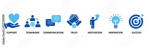 Collaboration icon set In Blue Style, Vector Illustration for teamwork and working together with icon of support, teamwork, communication, trust, handshake, motivation, inspiration, and success