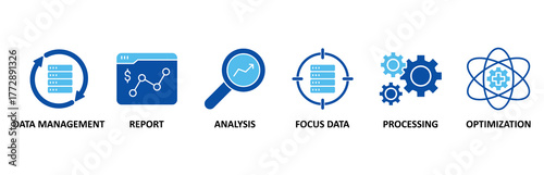 Data analysis icon set In Blue Style, Vector Illustration for data management, report, analysis, focus data, processing, optimization