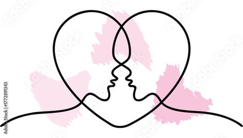 Two faces forming a heart shape with abstract brush strokes love couple single line