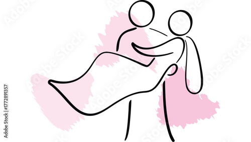 Man carrying a woman in his arms with abstract shapes couple embrace single line
