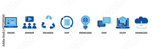 E-learning icon set In Blue Style, Vector Illustration for online, seminar, exchange, voip, knowledge, chat, study and download