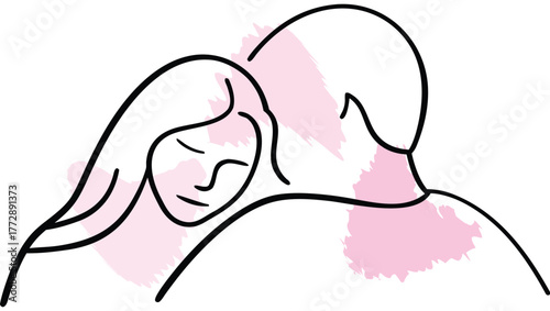 Woman resting head man's shoulder with abstract shapes couple embrace single line