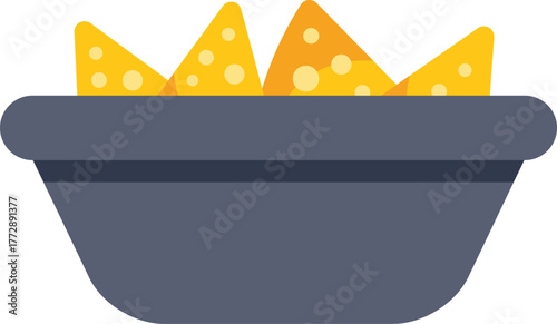 This illustration depicts a grey bowl overflowing with delicious tortilla chips