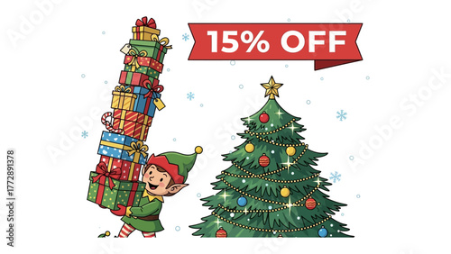 Festive Elf's Gift-Bearing: An elf cheerfully carries a tower of Christmas gifts beside a decorated tree, while the 15% OFF banner heralds holiday season savings.