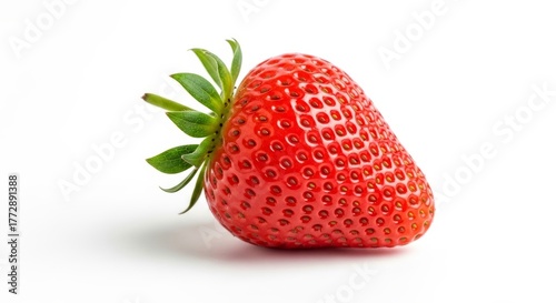 Single ripe strawberry isolated on white background, natural food concept with soft shadow