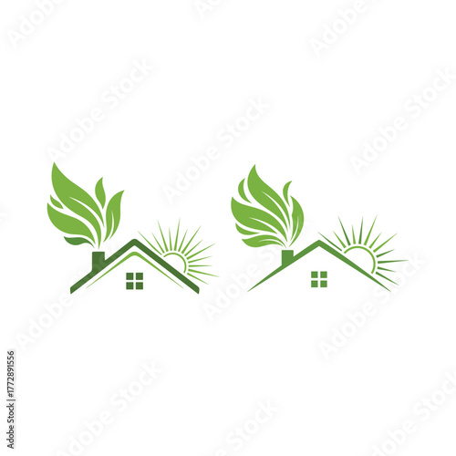 Green eco home logo with sun and leaves symbolizing sustainability and renewable energy vector