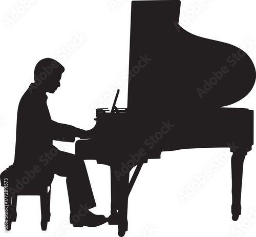 Pianist playing a grand piano, vector silhouette isolated 