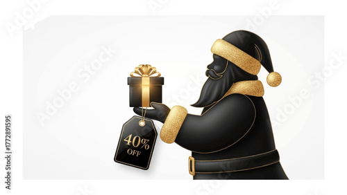 Festive Festive Gift: A Santa figure, adorned in rich black attire and gold trim, extends a wrapped present and a tag signaling a generous discount. This image captures the essence of giving.