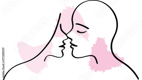 Couple Kissing Profile with Brush Strokes single line romance love