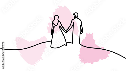 Line Art a Couple Holding Hands Walking Together with Brush Strokes love single line