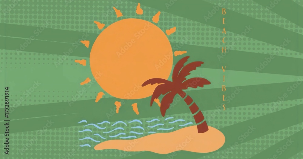 Obraz premium Beach graphic showcasing orange sun, islet, palm, blue wave, vertical BEACH VIBES on green halftone