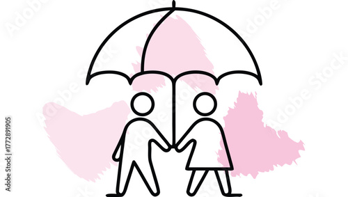 Couple Holding Hands Under an Umbrella with Brush Strokes protection shelter single line