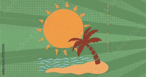Beach graphic showcasing orange sun, islet, palm, blue wave, vertical BEACH VIBES on green halftone