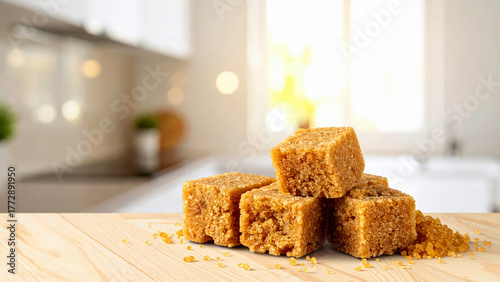 golden brown sugar cubes and granules on a wooden surface.
