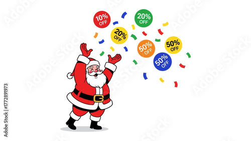 Holiday Offers: Santa Claus revels in the festive season, showering confetti, each piece bearing tempting discounts. capturing the spirit of seasonal joy and great deals.