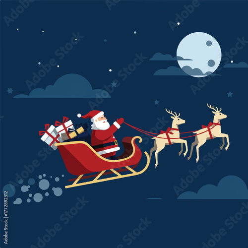 Santa Claus riding a red sleigh pulled by reindeer under a full moon in a dark night sky with clouds and stars.