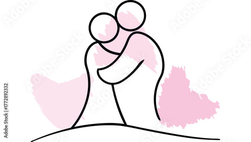 Two figures hugging with watercolor splashes single line embrace people