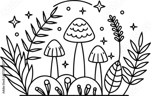 Enchanting fantasy forest scene with detailed mushrooms ferns and magical plants