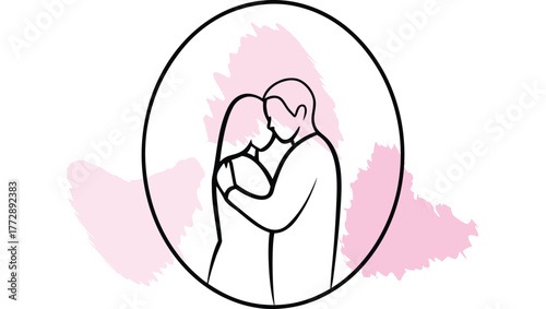 Couple embracing inside a circle with watercolor splashes single line love