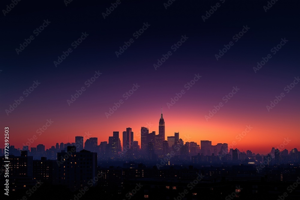 Naklejka premium New york city skyline at sunset with vibrant sky
