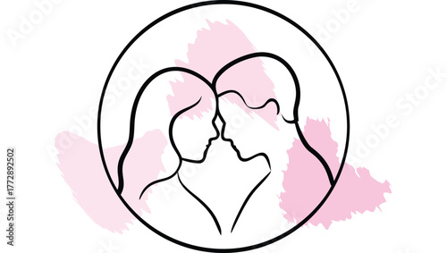 Couple Embracing Profile Silhouette with Brush Strokes Inside Circle love romance single line
