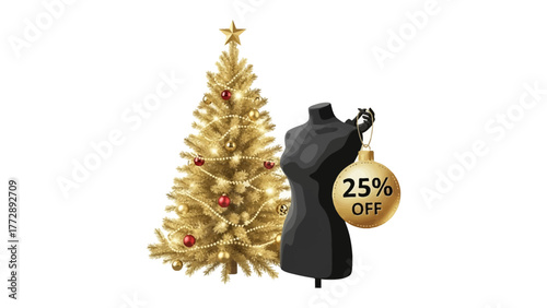 Festive Holiday Display with Christmas Tree and Dress Form: A shimmering golden Christmas tree stands beside a stylish black dress form.