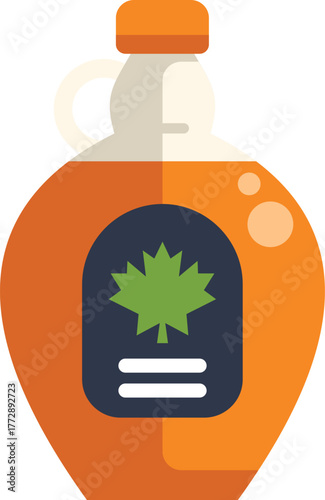 Glass jug containing maple syrup with a label featuring a maple leaf design, representing the sweet and natural flavor of this canadian delicacy