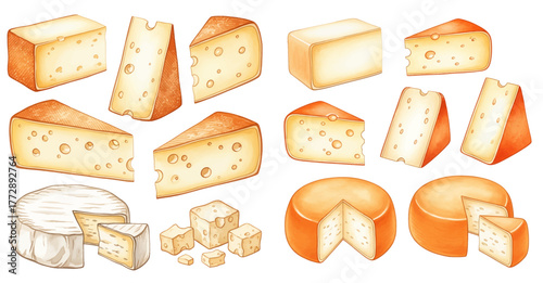 A watercolor illustration featuring a variety of dairy products including different types of cheese wedges, blocks, and rounds, alongside blocks of butter.
