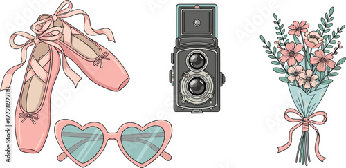 Illustration of ballet shoes, vintage camera, heart sunglasses, and flower bouquet on transparent background