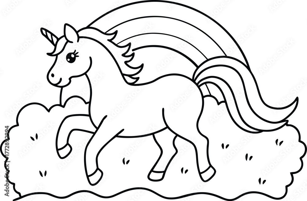 Obraz premium Cute fantasy unicorn running through a vibrant meadow under a colorful rainbow perfect for children s designs and magical themes
