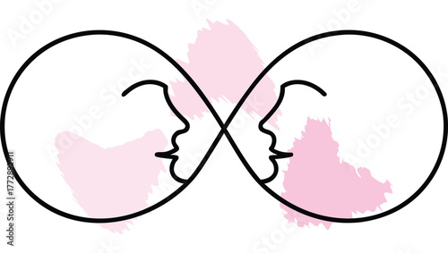 Infinity Symbol with Two Faces in Profile Brush Strokes facing single line