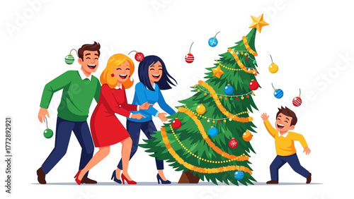 Holiday Cheer: A family collaborates to decorate a vibrant Christmas tree with ornaments, capturing the spirit of togetherness and festive joy.